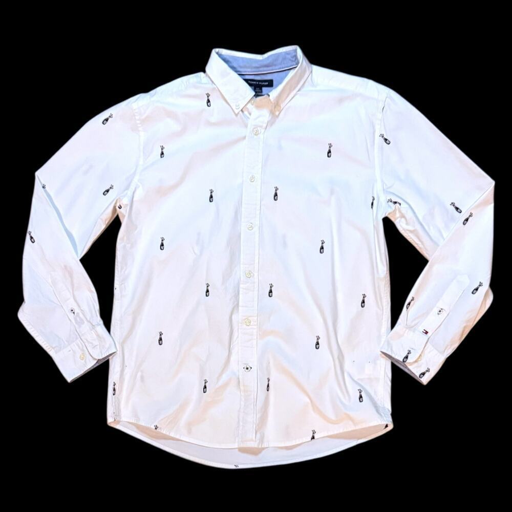 Tommy Hilfiger Dress Shirt Mens White All Over Embroidered Champagne Bottles L